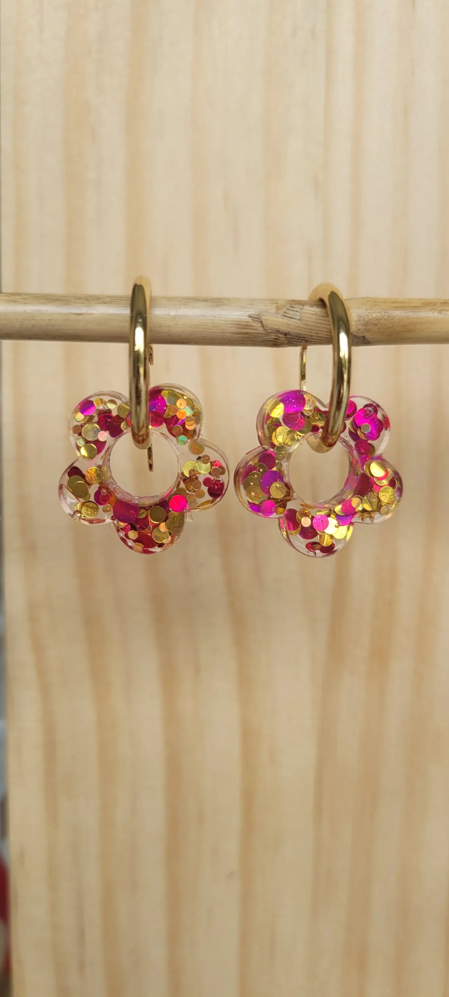 Boucles en résine | Fleurs Rose & Or - L'Atelier de MyMy