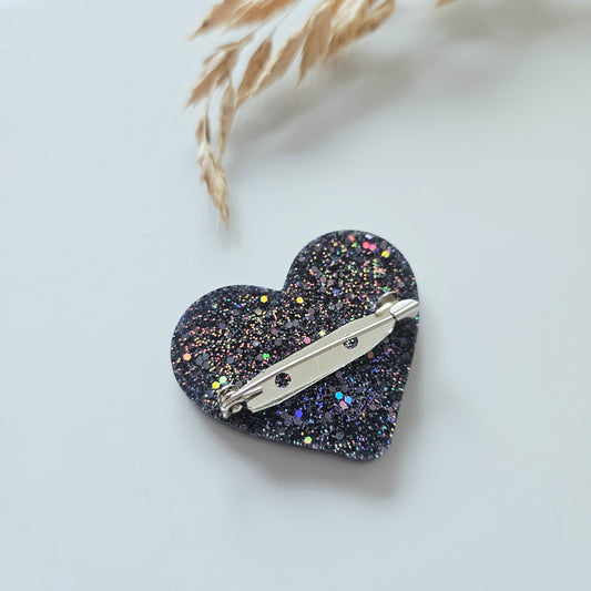 Broche en résine | Coeur Noir pailletée