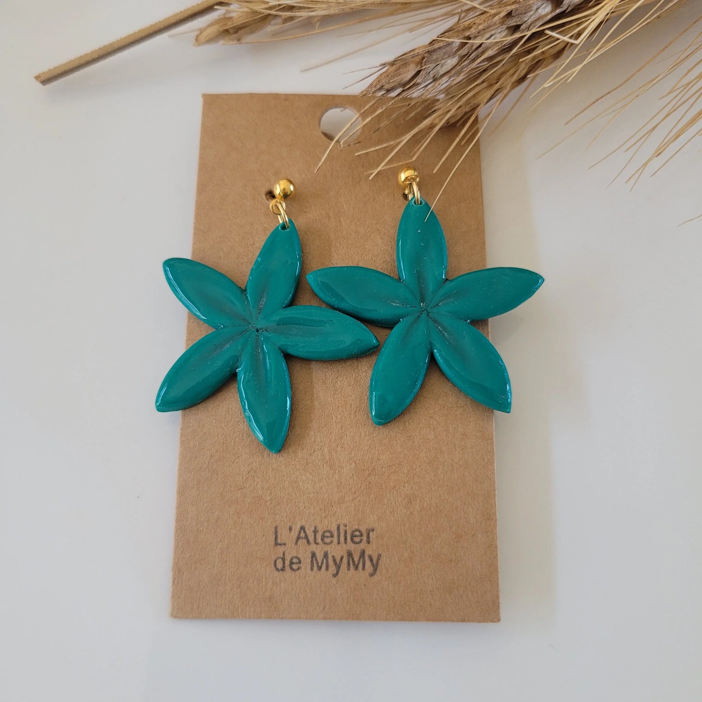 Boucles argile polymère | Fleurs de Tiaré Vert - L'Atelier de MyMy