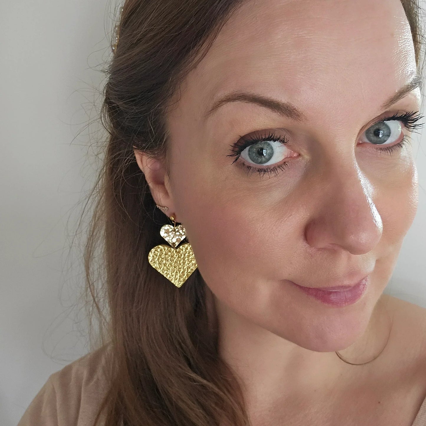 Leather Earrings | Gold Hearts