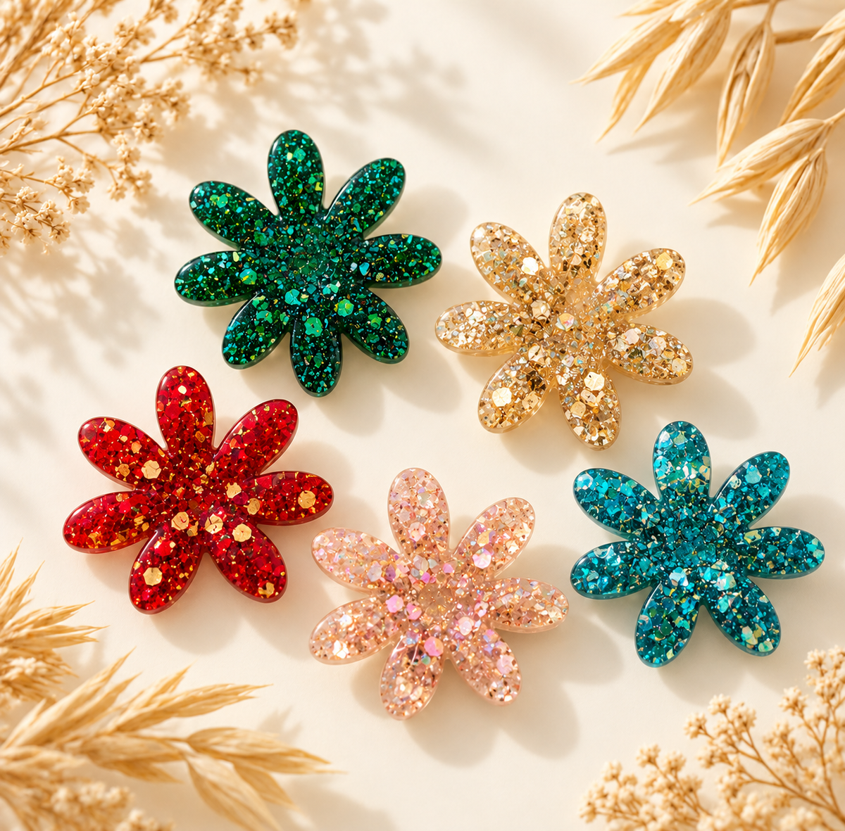 Quatre broches fleurs en résine pailletée rouge, verte, or et rose sur fond blanc.