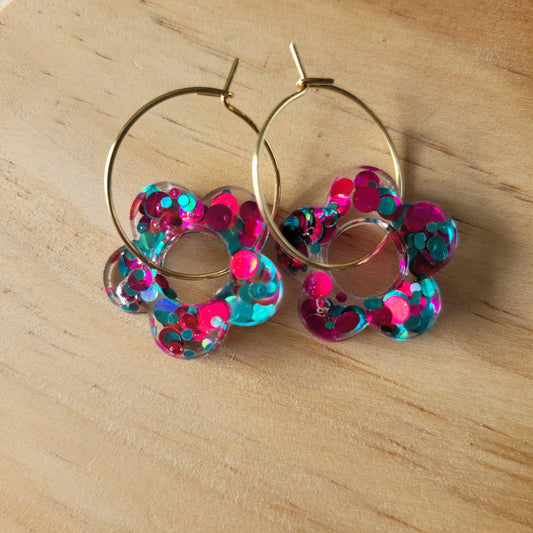 Boucles en résine ENFANT | Fleurs Rose & Turquoise