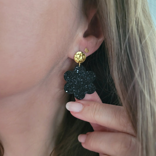 Boucles en Cuir | Fleurs Noir & Or - L'Atelier de MyMy