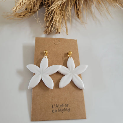 Boucles argile polymère | Fleurs de Tiaré Blanc - L'Atelier de MyMy