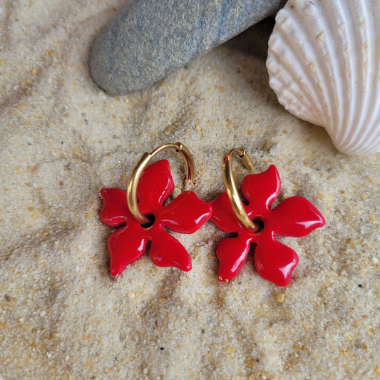 ..Boucles argile polymère | Fleurs de Tahiti Rouge