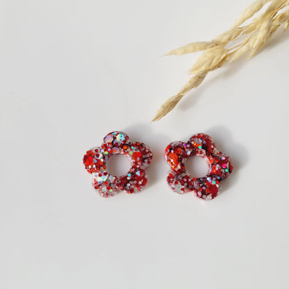 Boucles en résine | Fleurs Rouge et Argent