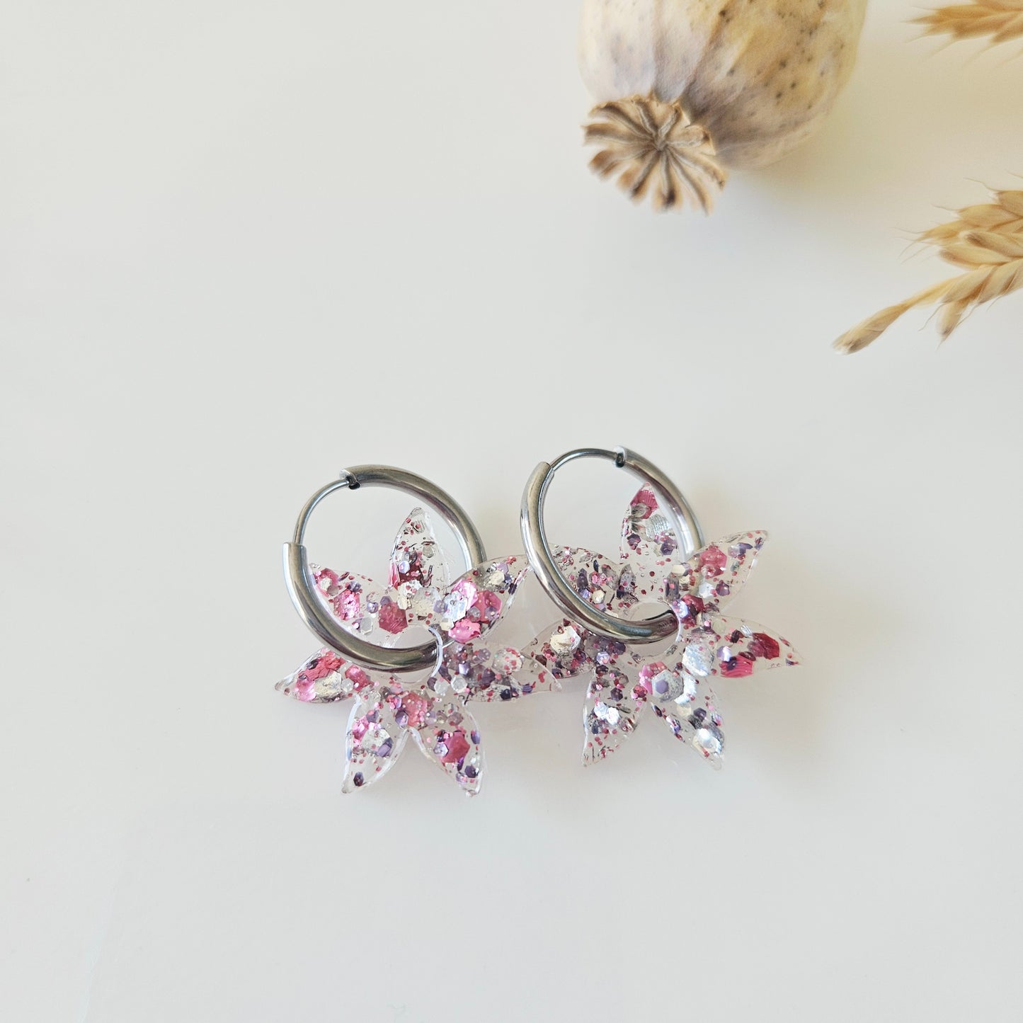 Boucles en résine | Soleil Rose,Argent