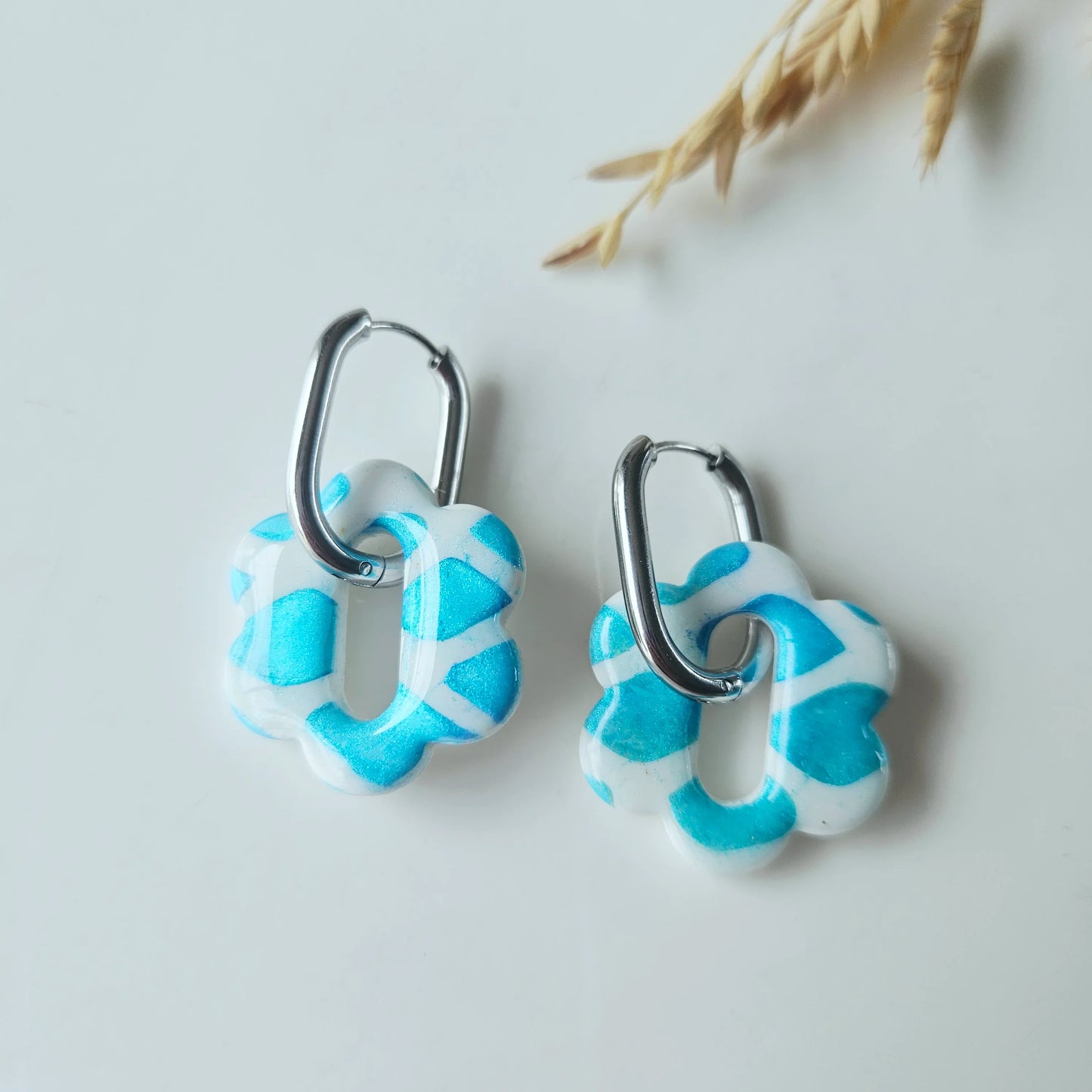 Polymer Clay Earrings | Bloomy Blue and White Tassels