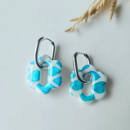 Polymer Clay Earrings | Bloomy Blue and White Tassels