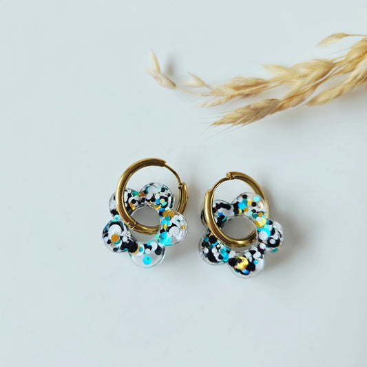 Boucles en résine | Fleurs Noir & Turquoise