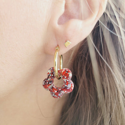 Boucles en résine | Fleurs Rouge et Argent